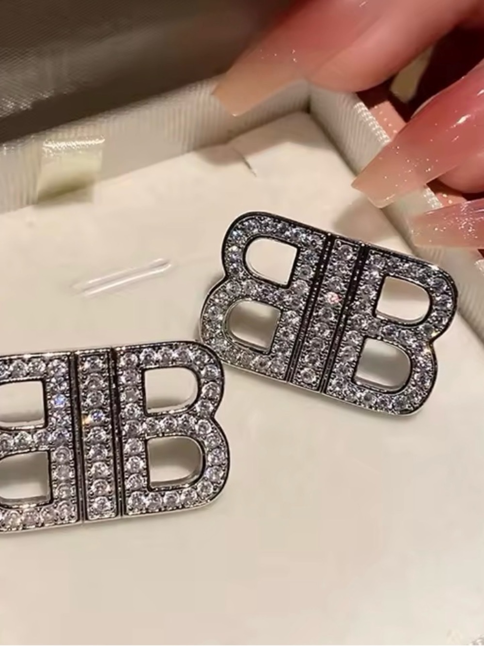 Double B Crystal Stud Earrings - Silver